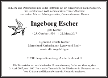 Traueranzeige von Ingeborg Escher von  Usinger Anzeiger
