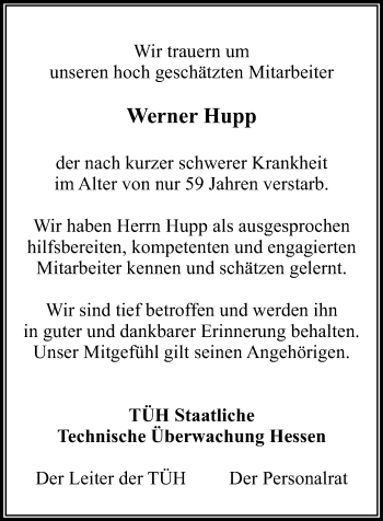 Traueranzeige von Werner Hupp von Trauerportal Echo Online