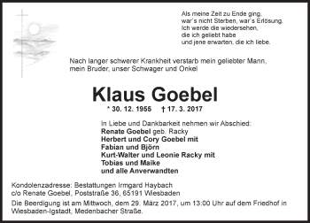Traueranzeige von Klaus Goebel von Trauerportal Rhein Main Presse