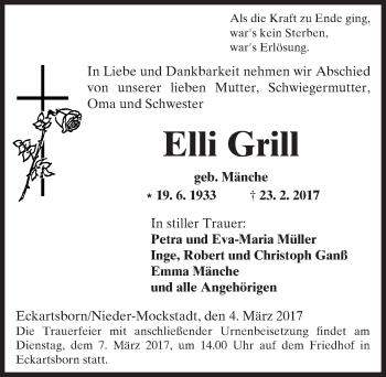 Traueranzeige von Elli Grill von  Kreisanzeiger