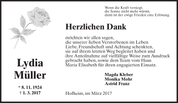 Traueranzeige von Lydia Müller von Trauerportal Rhein Main Presse