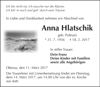 Traueranzeige von Anna Hlatschik von  Kreisanzeiger