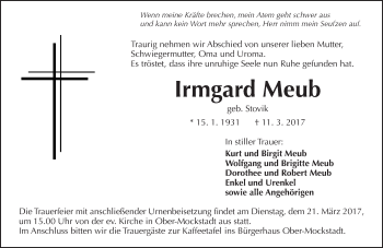 Traueranzeige von Irmgard Meub von  Kreisanzeiger