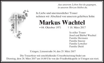 Traueranzeige von Markus Wachtel von  Usinger Anzeiger