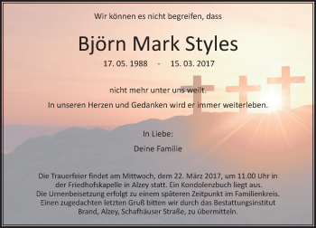 Traueranzeige von Björn Mark Styles von Trauerportal Rhein Main Presse