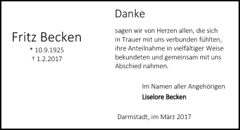 Traueranzeige von Fritz Becken von Trauerportal Echo Online