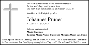 Traueranzeige von Johannes Pruner von Trauerportal Echo Online