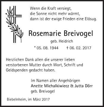 Traueranzeige von Rosemarie Breivogel von Trauerportal Rhein Main Presse