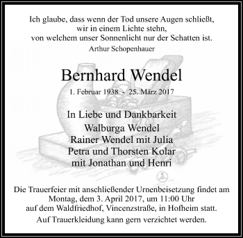 Traueranzeige von Bernhard Wendel von Trauerportal Rhein Main Presse