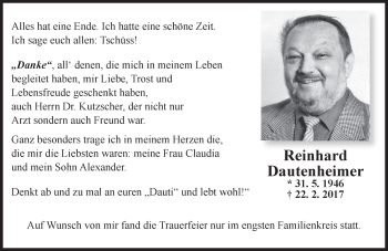 Traueranzeige von Reinhard Dautenheimer von Trauerportal Rhein Main Presse