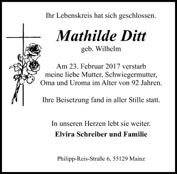 Traueranzeige von Mathilde Ditt von Trauerportal Rhein Main Presse