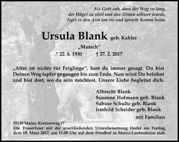 Traueranzeige von Ursula Blank von Trauerportal Rhein Main Presse