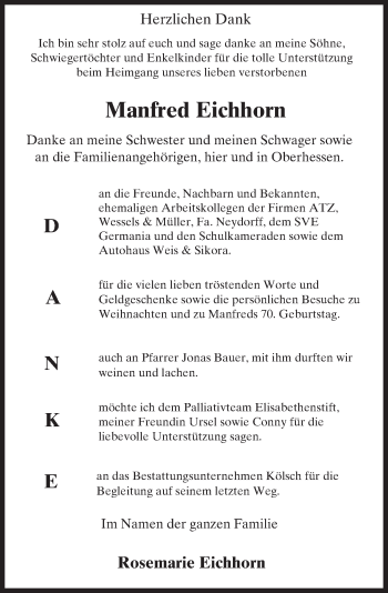 Traueranzeige von Manfred Eichhorn von Trauerportal Echo Online