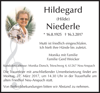 Traueranzeige von Hildegard Niederle von  Usinger Anzeiger