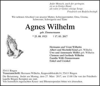 Traueranzeige von Agnes Wilhelm von Trauerportal Rhein Main Presse
