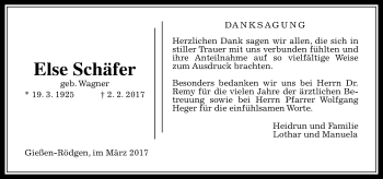 Traueranzeige von Else Schäfer von  Gießener Anzeiger
