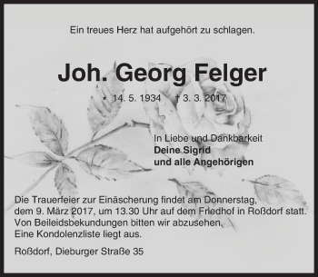 Traueranzeige von Georg Felger von Trauerportal Echo Online