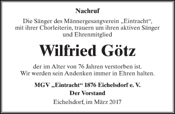 Traueranzeige von Wilfried Götz von  Kreisanzeiger