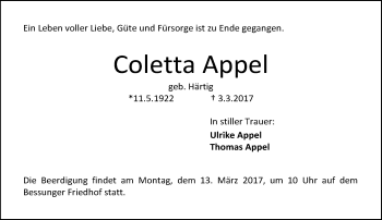 Traueranzeige von Coletta Appel von Trauerportal Echo Online