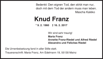 Traueranzeige von Knud Franz von Trauerportal Rhein Main Presse