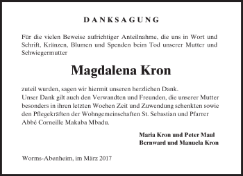 Traueranzeige von Magdalena Kron von Trauerportal Rhein Main Presse