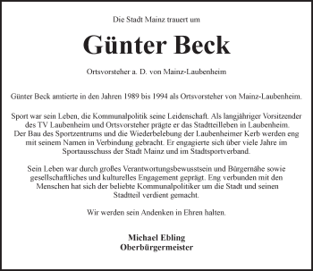 Traueranzeige von Günter Beck von Trauerportal Rhein Main Presse