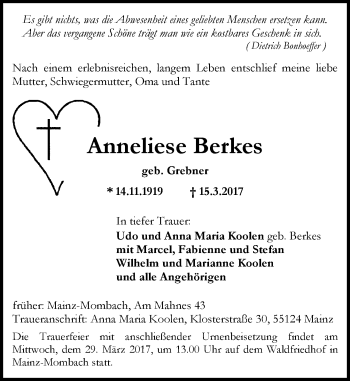 Traueranzeige von Anneliese Berkes von Trauerportal Rhein Main Presse