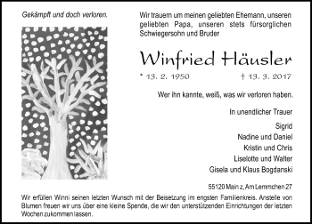 Traueranzeige von Winfried Häusler von Trauerportal Rhein Main Presse