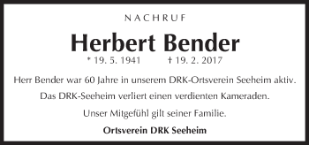 Traueranzeige von Herbert Bender von Trauerportal Echo Online