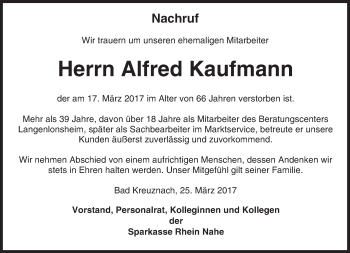 Traueranzeige von Alfred Kaufmann von Trauerportal Rhein Main Presse