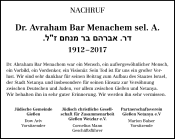 Traueranzeige von Avraham Bar Menachem von  Gießener Anzeiger