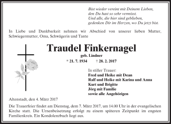 Traueranzeige von Traudel Finkernagel von  Kreisanzeiger
