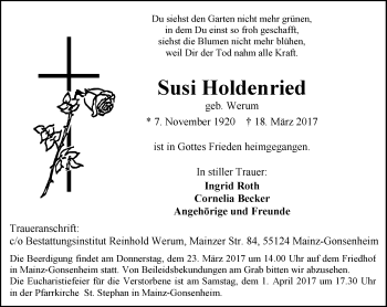 Traueranzeige von Susi Holdenried von Trauerportal Rhein Main Presse