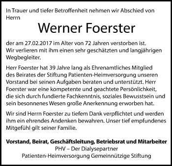 Traueranzeige von Werner Foerster von Trauerportal Rhein Main Presse Traueranzeige von Werner Foerster von Trauerportal Rhein Main Presse
