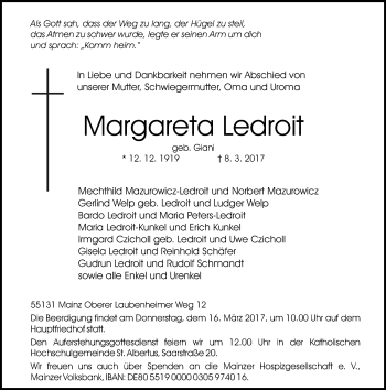 Traueranzeige von Margareta Ledroit von Trauerportal Rhein Main Presse