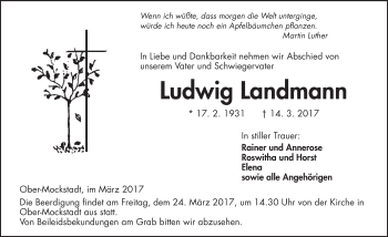 Traueranzeige von Ludwig Landmann von  Kreisanzeiger