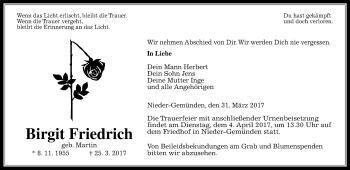 Traueranzeige von Birgit Friedrich von VRM Trauer
