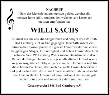 Traueranzeige von Willi Sachs von  Camberger Anzeiger