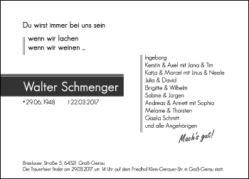 Traueranzeige von Walter Schmenger von Trauerportal Rhein Main Presse