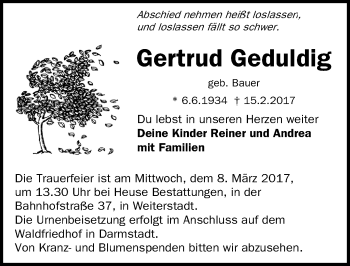 Traueranzeige von Gertrud Geduldig von Trauerportal Echo Online