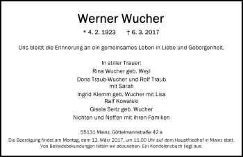 Traueranzeige von Werner Wucher von Trauerportal Rhein Main Presse