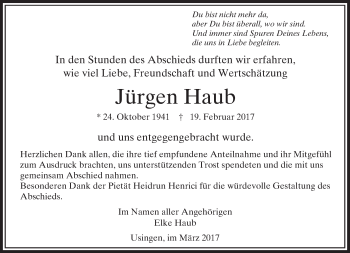Traueranzeige von Jürgen Haub von  Usinger Anzeiger