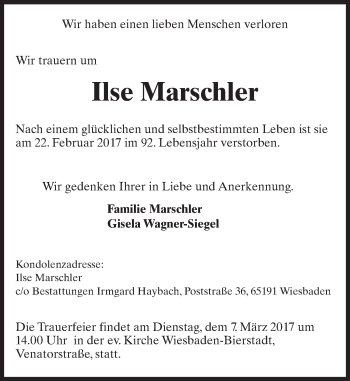 Traueranzeige von Ilse Marschler von Trauerportal Rhein Main Presse