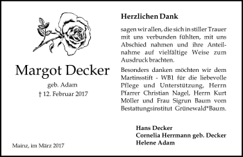 Traueranzeige von Margot Decker von Trauerportal Rhein Main Presse