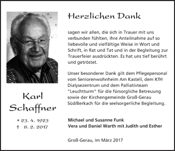 Traueranzeige von Karl Schaffner von Trauerportal Echo Online