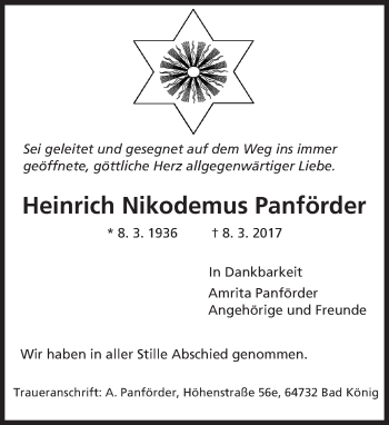 Traueranzeige von Heinrich Nikodemus Panförder von Trauerportal Echo Online