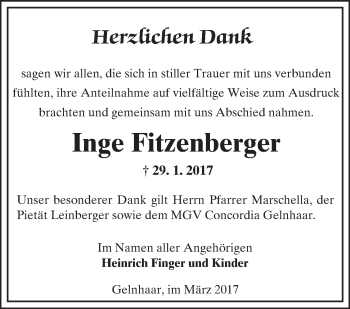 Traueranzeige von Inge Fitzenberger von  Kreisanzeiger