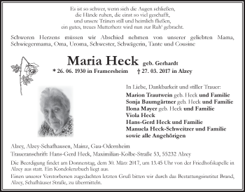 Traueranzeige von Maria Heck von Trauerportal Rhein Main Presse