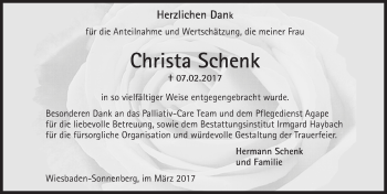 Traueranzeige von Christa Schenk von Trauerportal Rhein Main Presse Traueranzeige von Christa Schenk von Trauerportal Rhein Main Presse