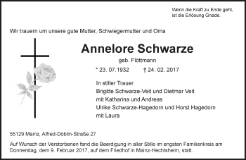 Traueranzeige von Annelore Schwarze von Trauerportal Rhein Main Presse